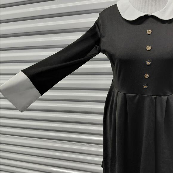 Womens Retro Wednesday Addams Dress Size Large Black Gothic Chic Mod Peter Pan - Picture 4 of 5